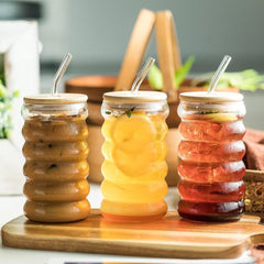 BubbleWave Glass Tumbler with Wooden Lid & Straw