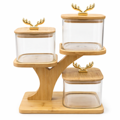 3 Pcs Fancy Glass Jar Set with Wooden Stand | Premium Decorative Storage Jars