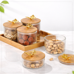 Dry Fruit Jar Set (4 Pcs) – Airtight Glass Jars with Wooden Tray