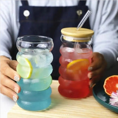 BubbleWave Glass Tumbler with Wooden Lid & Straw