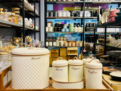 Stainless steel bread,tea,sugar, coffee, biscuits set