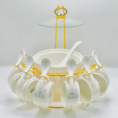 Luxury 15-Piece Ceramic Soup Set with Golden Rotating Stand
Option 2: Elegant & Royal
Royal White & Gold Porcelain Soup Server Set with Glass Lid
Option 3: Modern Design (For the Patterned Set)
Modern Geometric Patterned Soup Set with Serving Spoons & R