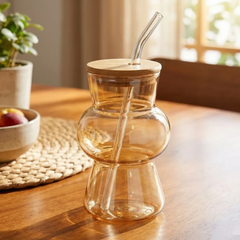 Hourglass Shaped Tinted Glass Tumbler with Straw