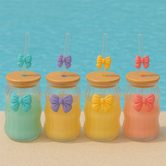 Bow Pattern Glass Tumbler with Wooden Lid & Glass Straw