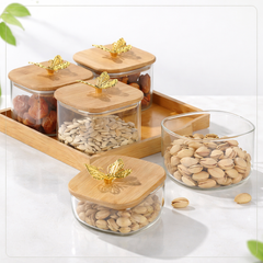 Dry Fruit Jar Set (4 Pcs) – Airtight Glass Jars with Wooden Tray