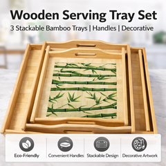 Wooden Tray Set 3 Pcs | Bamboo Serving Trays with Handles | Decorative & Multipurpose