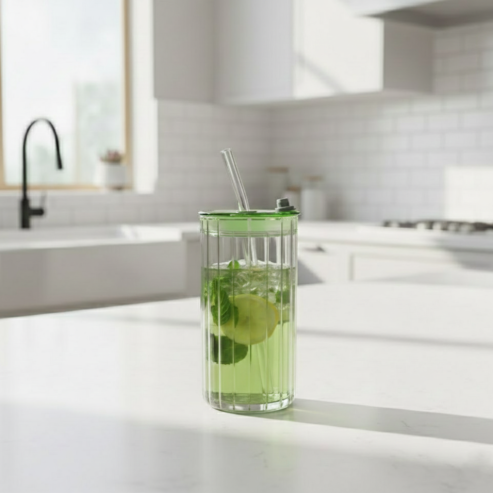 Reeded Glass Tumbler with Glass Straw
