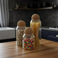 Jar Set – 3 Pcs Glass Storage Jars with Wooden Lids | Air-Tight Container Set