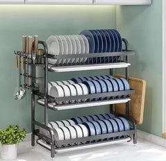 Metallic 3-Tier Dish & Plate Rack with Cutlery Holder – Heavy Duty Kitchen Organizer