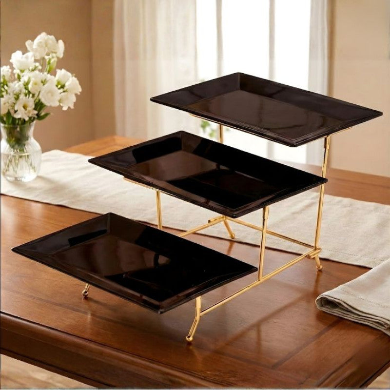 Melamine 3 Black Small Platter With Golden Stand