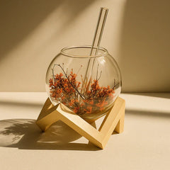 FloralSip Double Wall Tumbler with Wooden Base