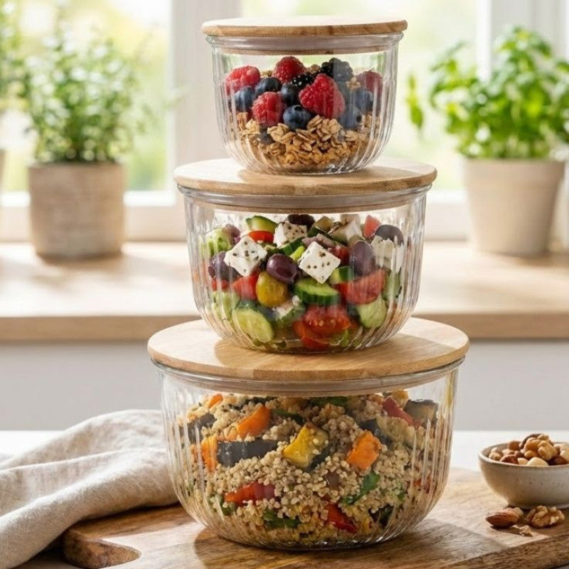 Limon Fluted Design Airtight Glass Bowls Set