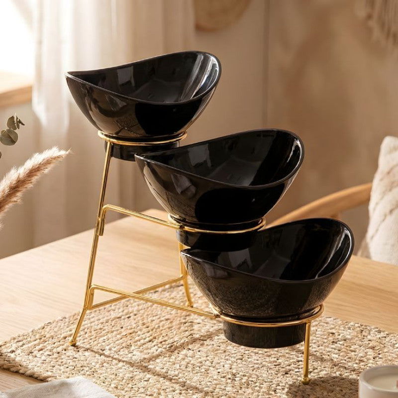 Melamine 2 Medium And 1 Small Black Lotus Bowls With Golden Stand
