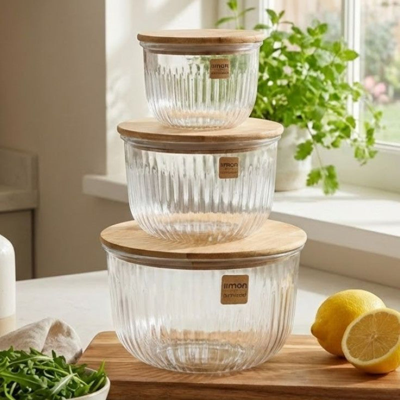 Limon Fluted Design Airtight Glass Bowls Set