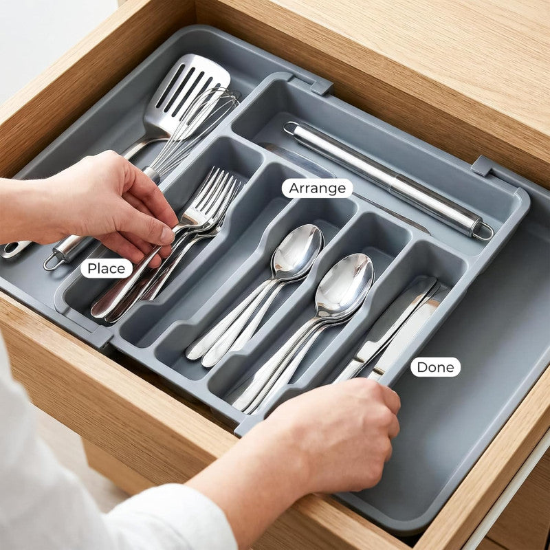 Drawer Organizer Expandable Kitchen Utensil Organizer, Cutlery Holder Tray Adjustable Plastic Drawer Divider Storage for Spoons Forks Knives