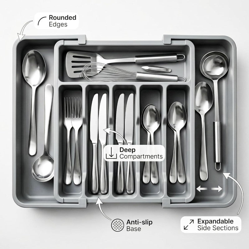 Drawer Organizer Expandable Kitchen Utensil Organizer, Cutlery Holder Tray Adjustable Plastic Drawer Divider Storage for Spoons Forks Knives