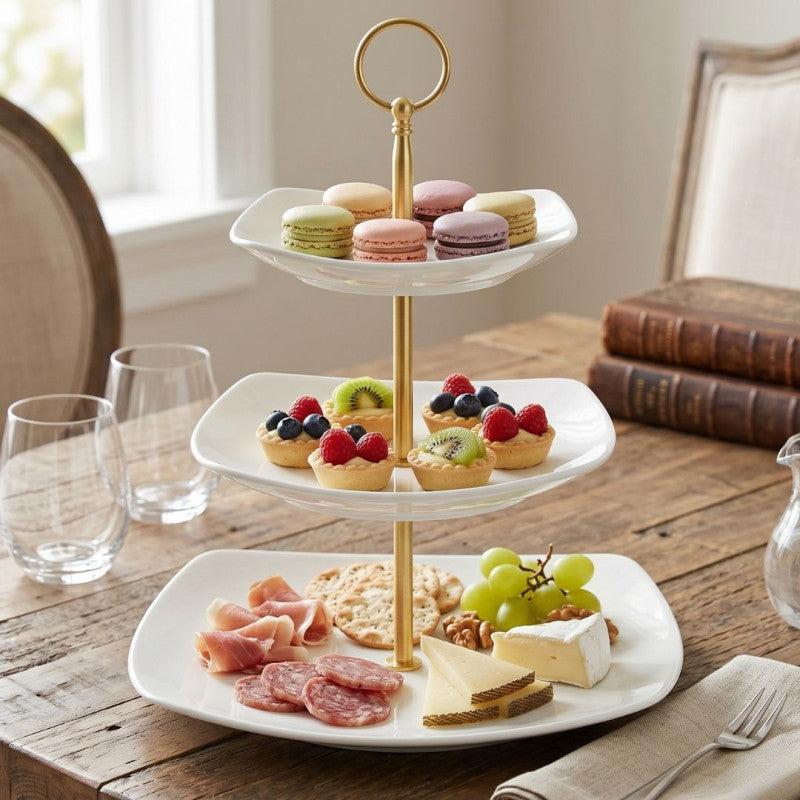 Melamine Square White 3 Tier Cake Stand With Printed Box