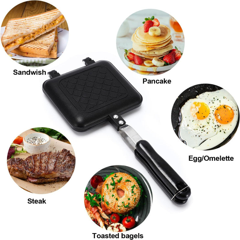 Stovetop Sandwich Maker, Grilled Toasted Panini Maker with Handle, Aluminum Flip Sandwich Pan for Home Kitchen, Camping