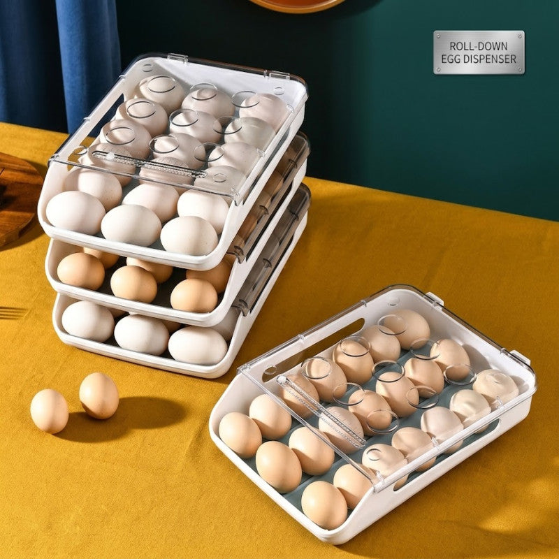 Egg Holders for Refrigerator Auto Scrolling Silicone Anti-Collision Egg Storage Container Clear Drawer Type