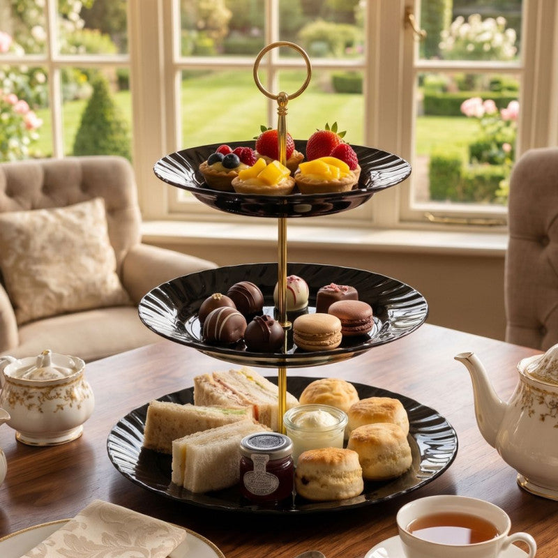 Melamine Ruffled Round Black 3 Tier Cake Stand With Printed Box