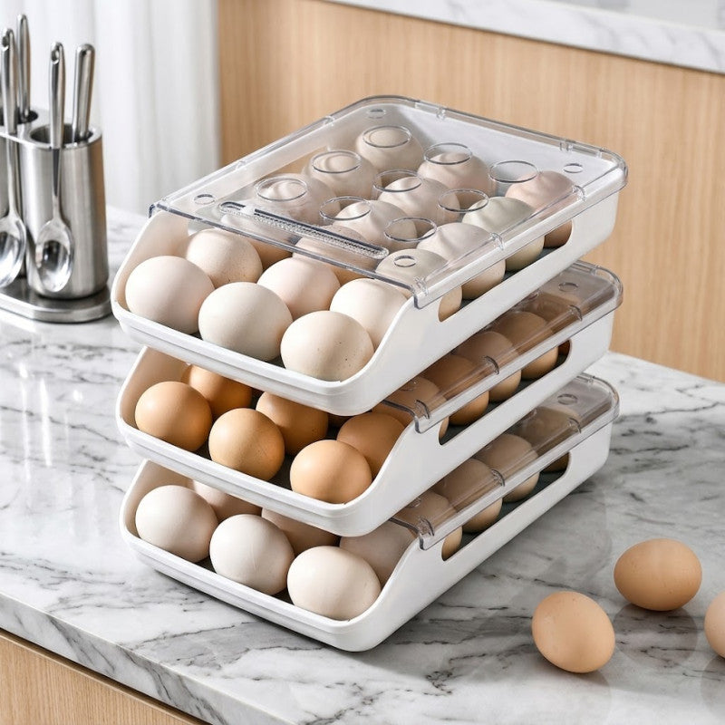 Egg Holders for Refrigerator Auto Scrolling Silicone Anti-Collision Egg Storage Container Clear Drawer Type