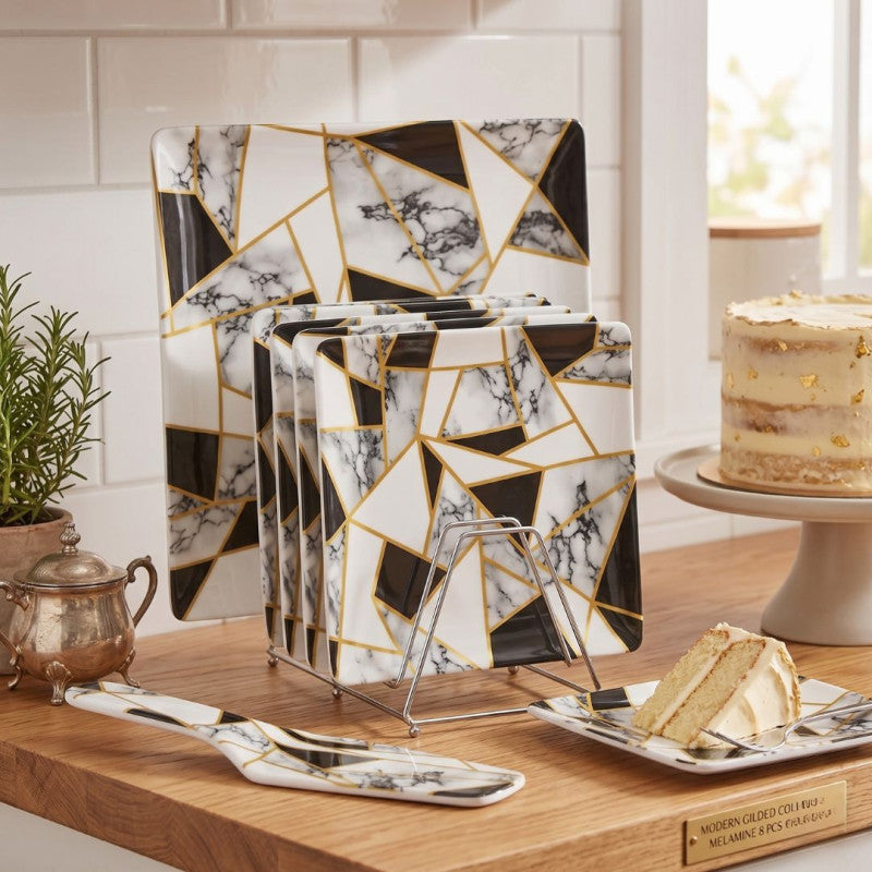 Melamine 8 PCS Black Geometric Cake Set